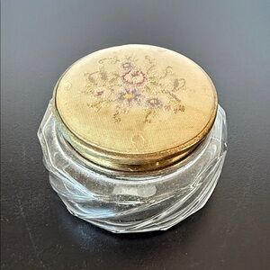 Vintage Glass Powder Jar with Embroidered Gold-Tone Lid